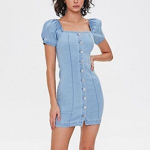 Puff Sleeve Denim Bodycon Mini Dress Size S